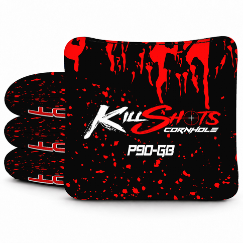 Red Blood Drip P90-G8 cornhole bags, one upright bag and three stacked bags